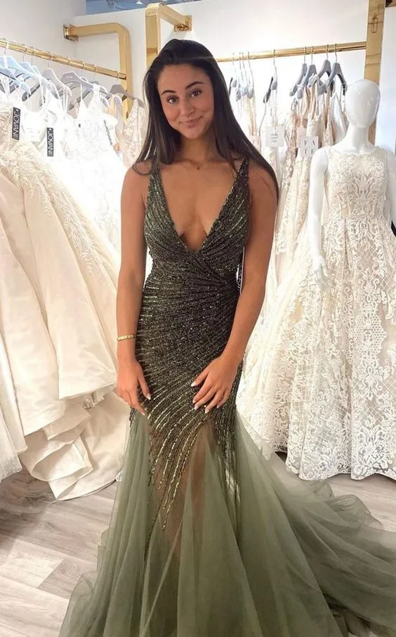 Diynav Bodice with Deep V-neck Prom Dress,Sexy Mermaid Evening Dress HZ1017