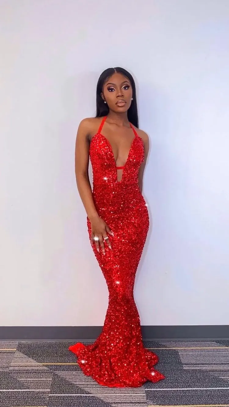 Diynav Mermaid Red Sequins Long Prom Dresses,Sexy Red Evening Dress HZ1017