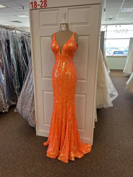 Diynav Sequins Mermaid V-neck Long Prom Dress,Elegant Evening Dress,Orange Formal Gown HZ1017