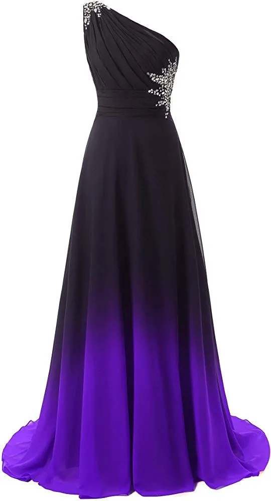 Diynav Shoulder Ombre Long Evening Dresses Chiffon Wedding Party Gowns HZ1017