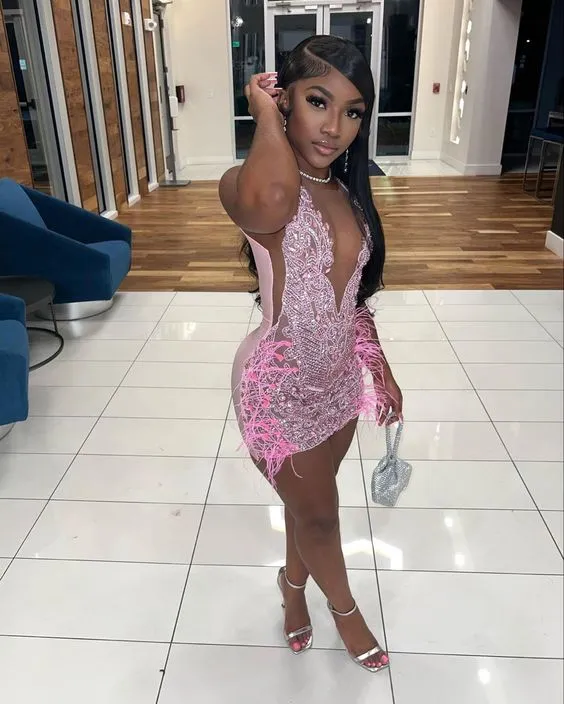 Diynav Heavy Beaded Pink Homecoming Dress,22th Birthday Outfit Dress HZ1017