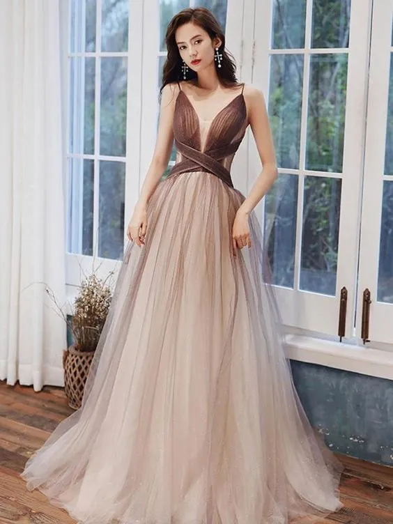 Diynav Neck Brown Ombre Long Prom Dresses, Brown Ombre Floor Length Formal Evening Dresses HZ1017