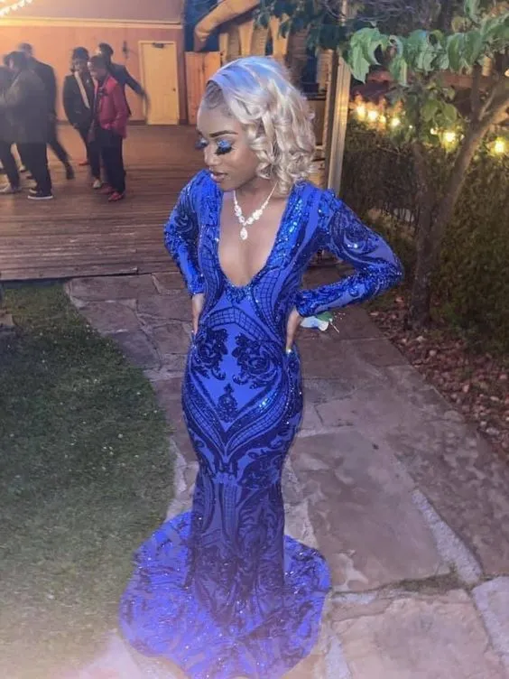 Diynav Royal Blue Sequin Long Sleeves Mermaid Evening Dresses HZ1017