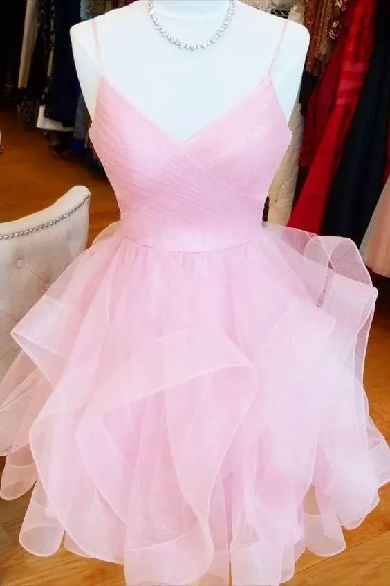 Diynav pink A-line homecoming dress birthday dress with ruffled skirt HZ1017