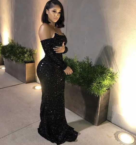 Diynav Sequins Off-the-Shoulder Long Sleeves Black Evening Dress HZ1017