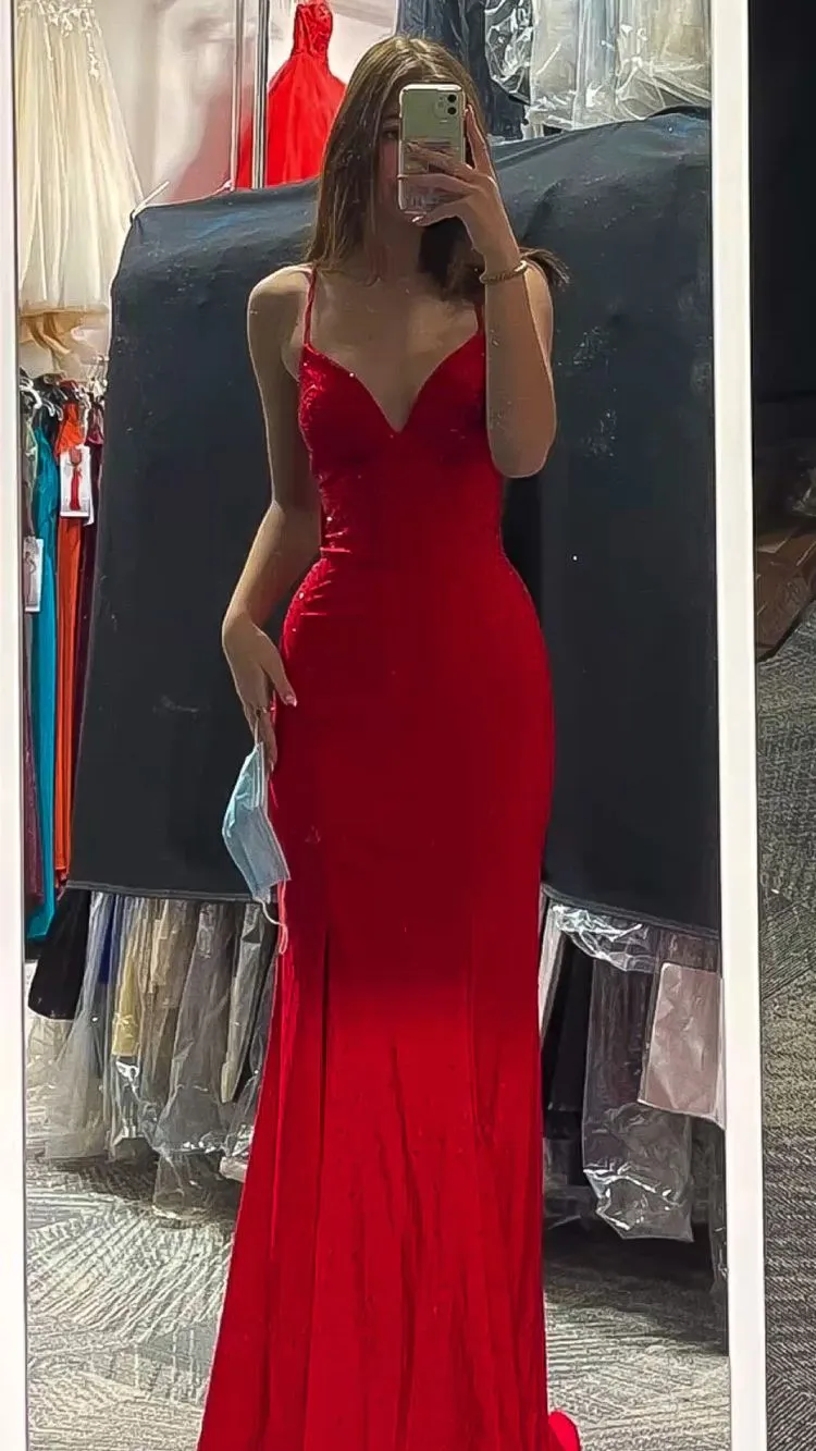 Diynav Spaghetti Straps Sheath Prom Dress,Red Evening Dress,Graduation Dress HZ1017