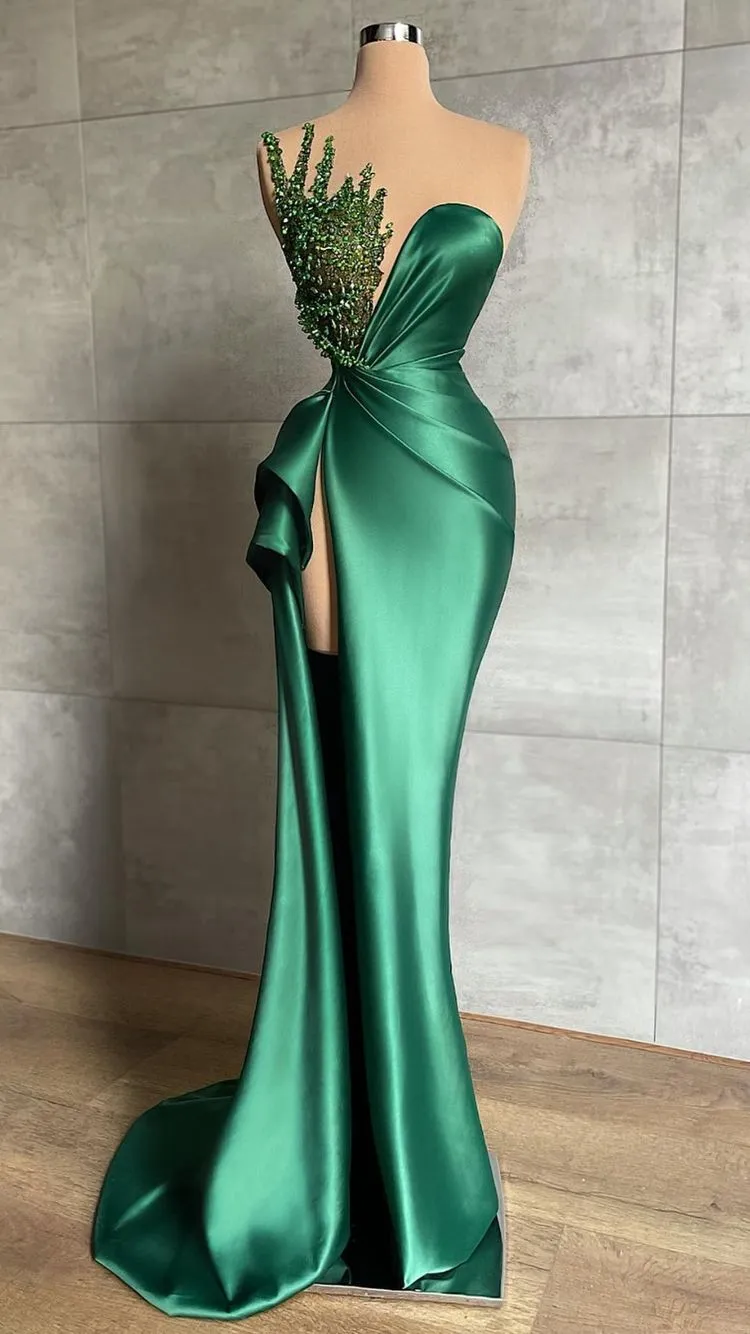 Diynav V-Neck Beads Long Formal Evening Dress Emerald Green Evening Gown High Split HZ1017