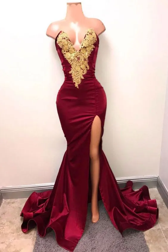 Diynav Mermaid Golden Lace Prom Dress,Long Burgundy Evening Dress,Sexy Prom Gowns HZ1017