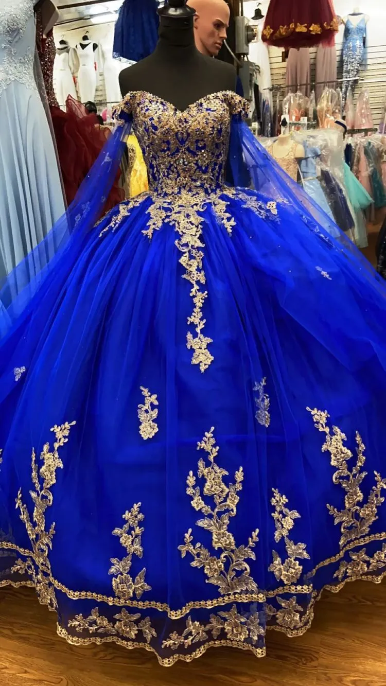 Diynav Blue Tulle Ball Gown With Gold Lace Sweet 16 Dress HZ1017