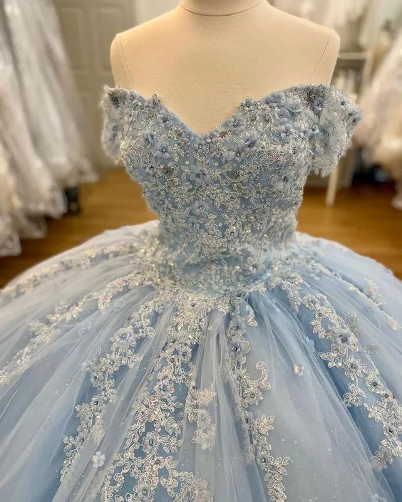Diynav Wonderful Land Blue Lace Appliques Ball Gown Sweet 16 Dress HZ1017