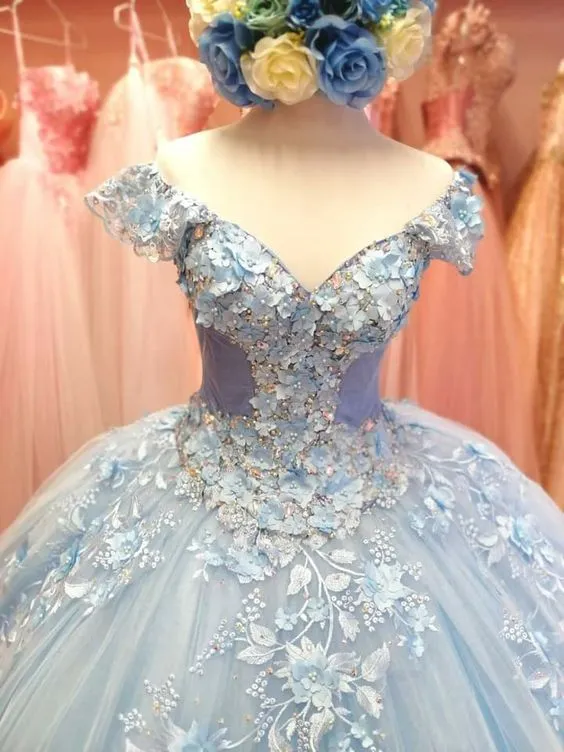 Diynav Wonderland Light Blue Tulle Appliques Ball Gown Sweet 16 Dress HZ1017