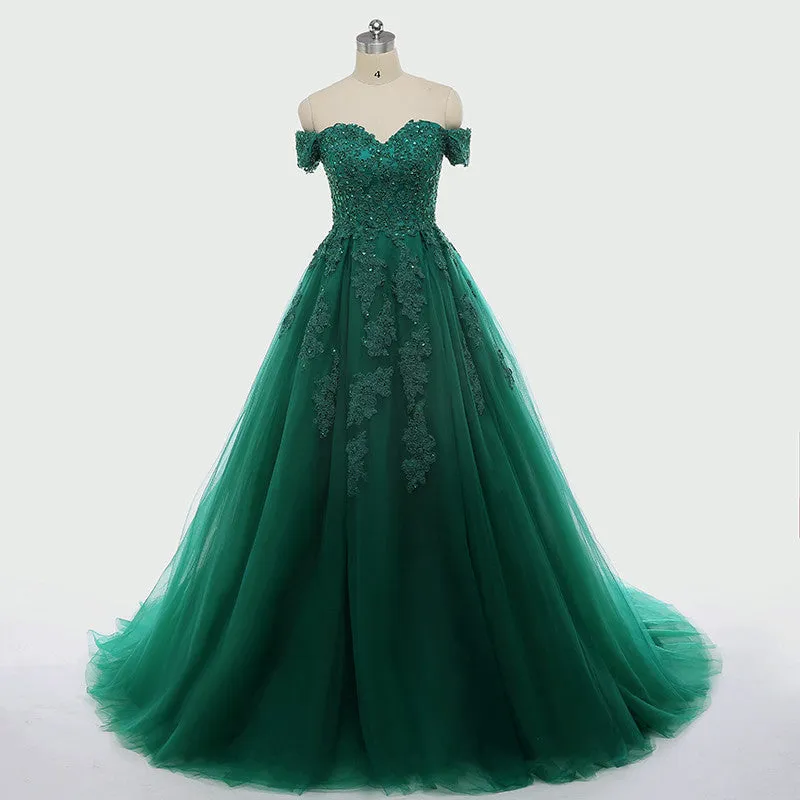Diynav Dark Green Lace Applique Dresses Short Sleeve Ball Gown For 15 Prom Party Dress Custom Chapel Train Sweet 16 Dresses HZ1017