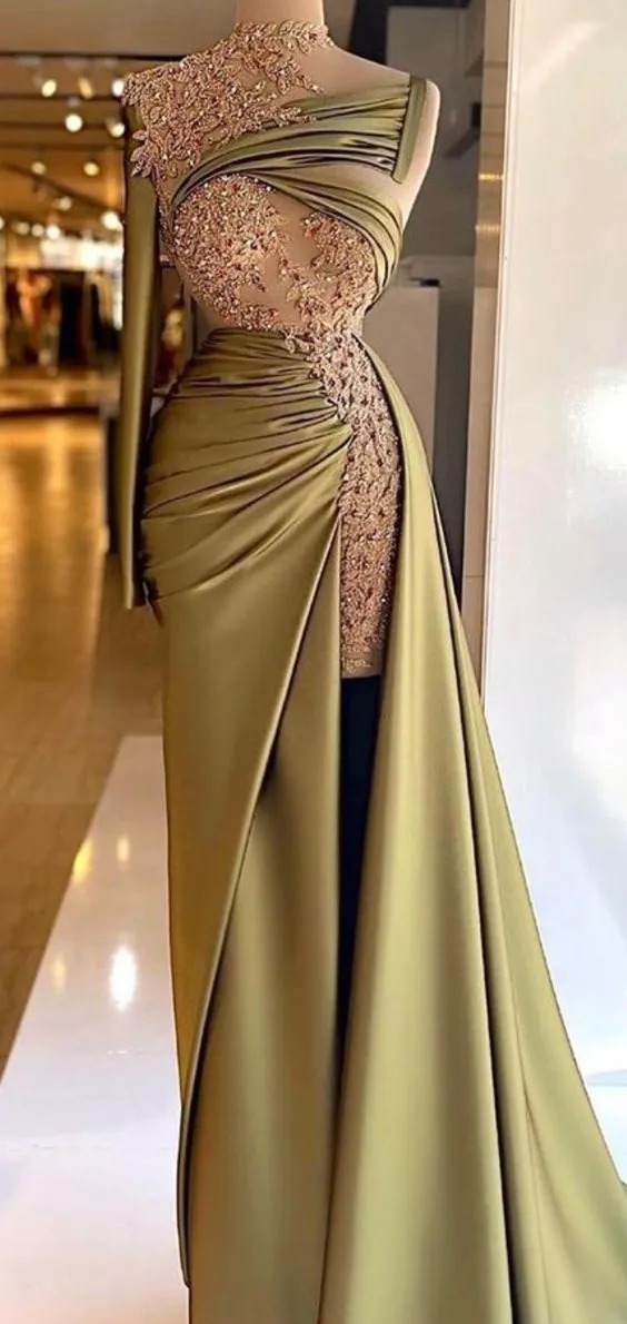 Diynav Sleeve Mermaid Olive Green Satin Long Prom Dress Charming Evening Dress HZ1017 - Image 2
