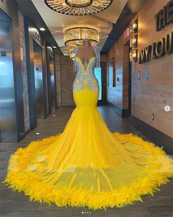 Diynav prom dresses, yellow prom dresses, feather prom dresses, crystal prom dresses, mermaid evening dresses HZ1017