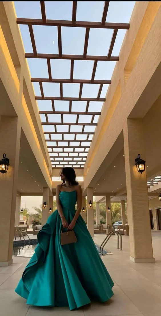 Diynav Green Strapless Satin Long Evening Dress A-line Formal Gown HZ1017