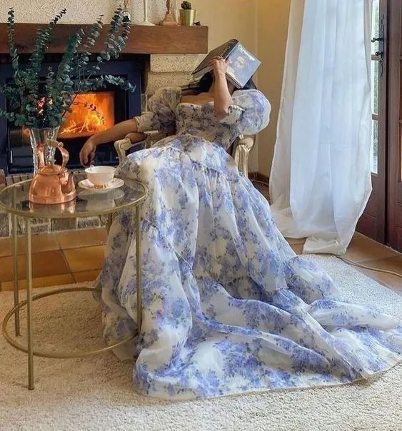 Diynav Floral Print Chiffon Long Prom Dresses Evening Dress HZ1017