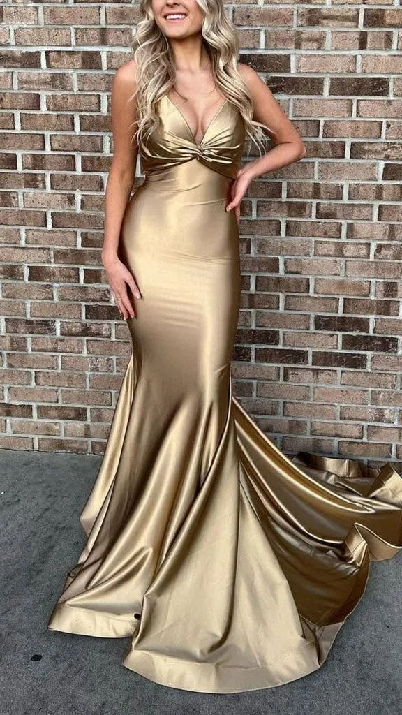 Diynav Straps Stunning Gold Formal Evening Dress Mermaid Long Prom Dress HZ1017