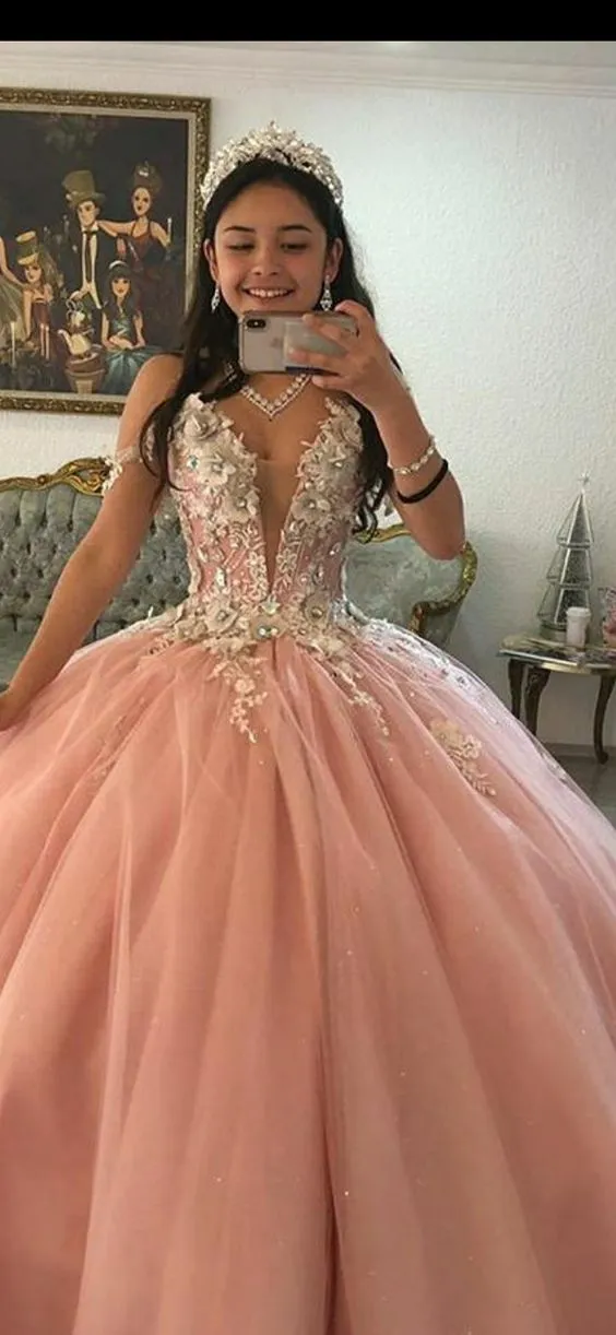 Diynav V Neck Pink Tulle Ball Gown Princess Dress HZ1017