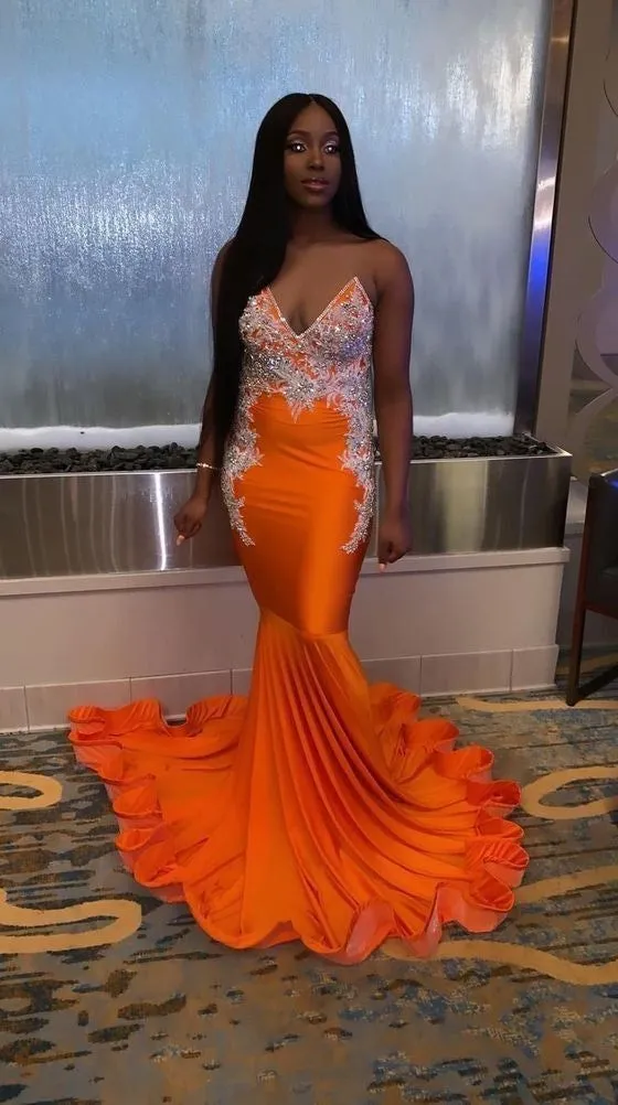 Diynav Orange Mermaid Evening Dresses With Appliques HZ1017