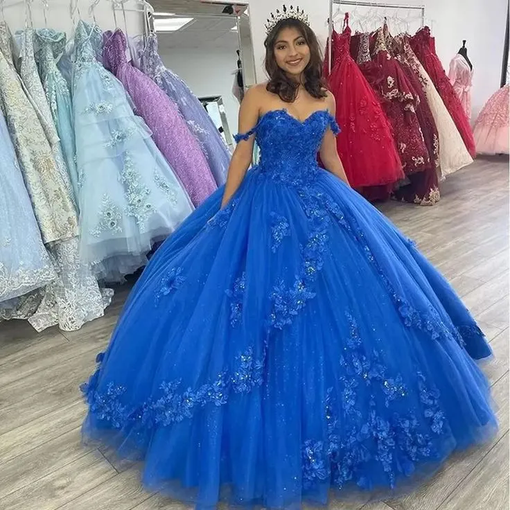 Diynav Blue Off-Shoulder Ball Gown Quinceanera Dresses Fashion 3D Flower Tulle Sweet 16 Princess Dress HZ1017