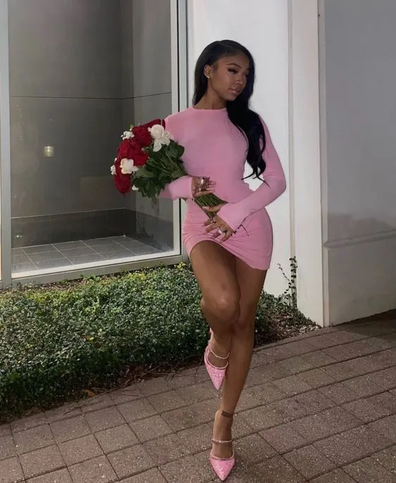 Diynav Birthday Outfit Pink Long Sleeves Tight Dress Sexy Homecoming Dress HZ1017
