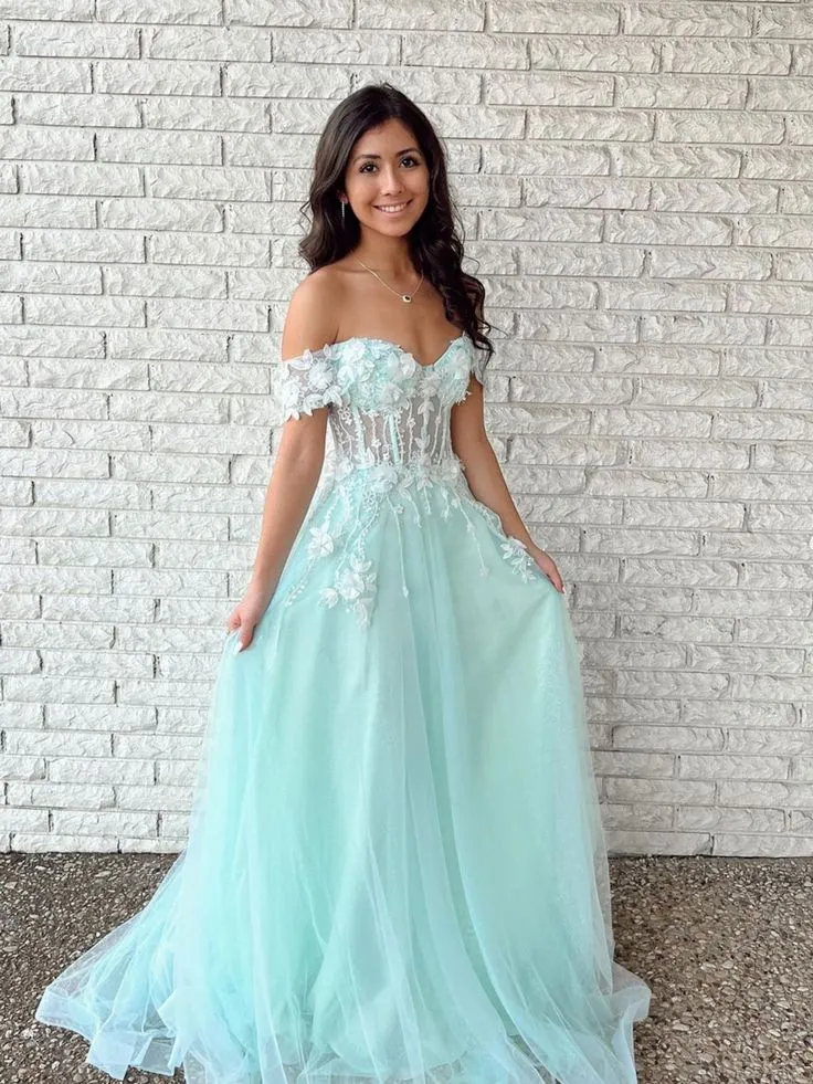 Diynav Shoulder Tulle Lace Long Prom Dress, Green Evening Dress Custom Size HZ1017