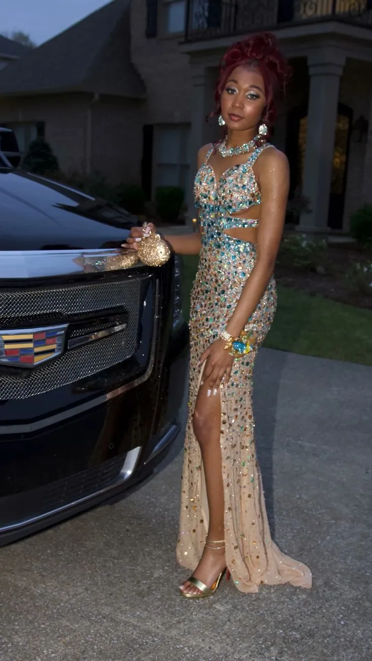 Diynav Crystal Mermaid Evening Dress Side Slit Sexy Evening Gown HZ1017