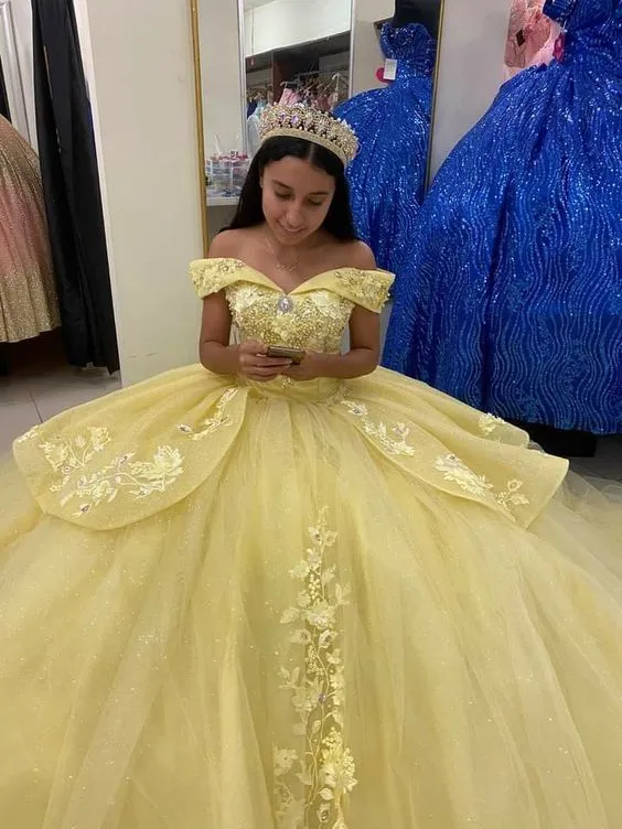 Diynav The Shoulder Yellow Princess Dress Sweet 16 Dress Ball Gown HZ1017