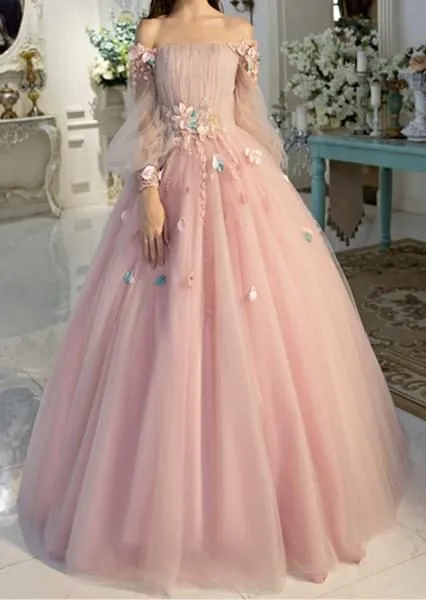 Diynav Sleeve Prom Dresses, Pearl Pink Ball Gown Long Floral Fairy Prom Dress HZ1017