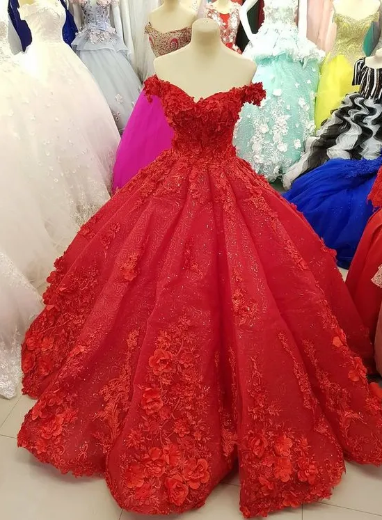 Diynav Off The Shoulder Red Ball Gown 3D Flowers,Quinceanera Dress HZ1017