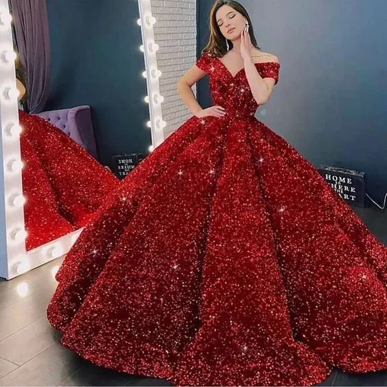 Diynav Sparkling Red Ball Gowns Quinceanera Dresses Off The Shoulder Sequin Pageant Gown Long Princess Sweet 16 Dress HZ1017