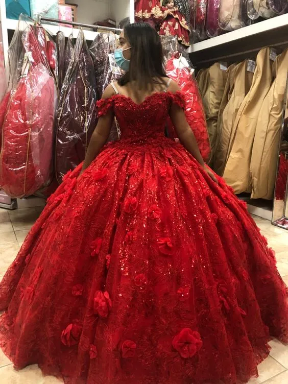 Diynav Red Off The Shoulder Ball Gown ,3D Flowers Quinceanera Dress,Sweet 16 Dress HZ1017