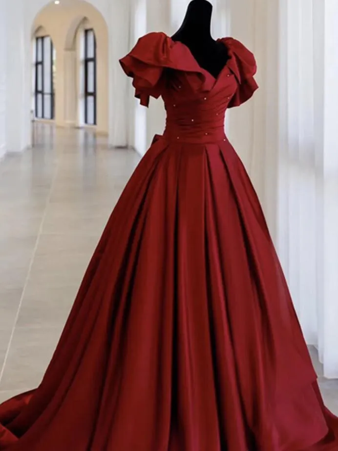 Diynav line Burgundy satin long prom dress evening dress HZ1017
