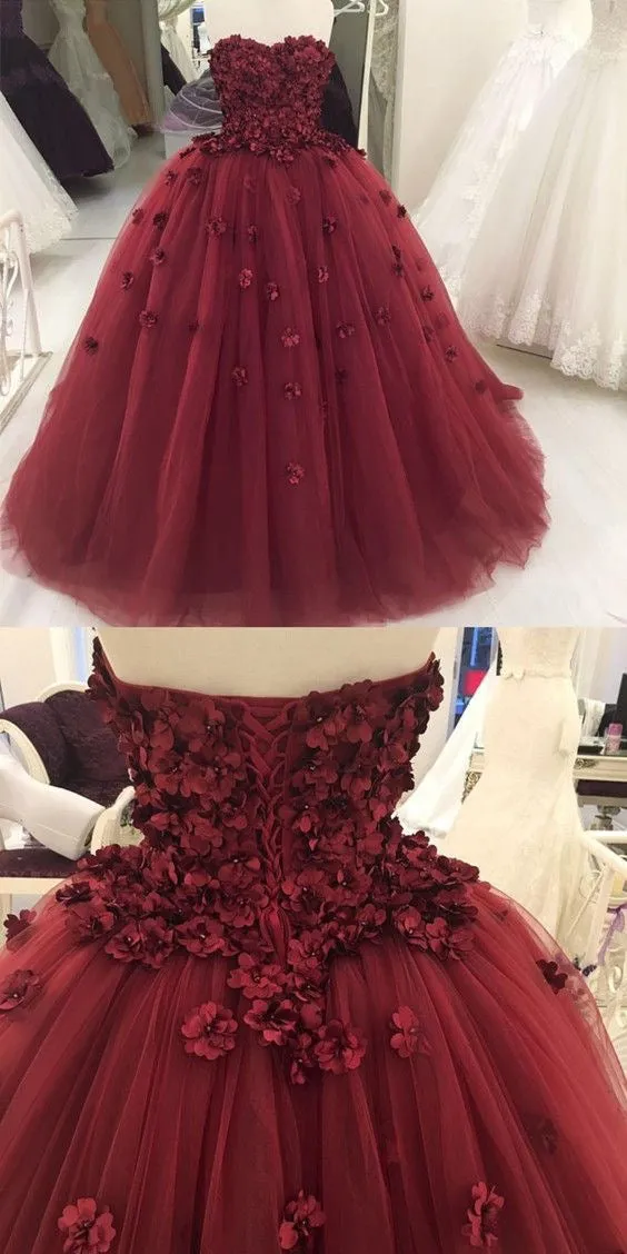 Diynav Strapless Burgundy Tulle Ball Gown With Hand Flowers HZ1017