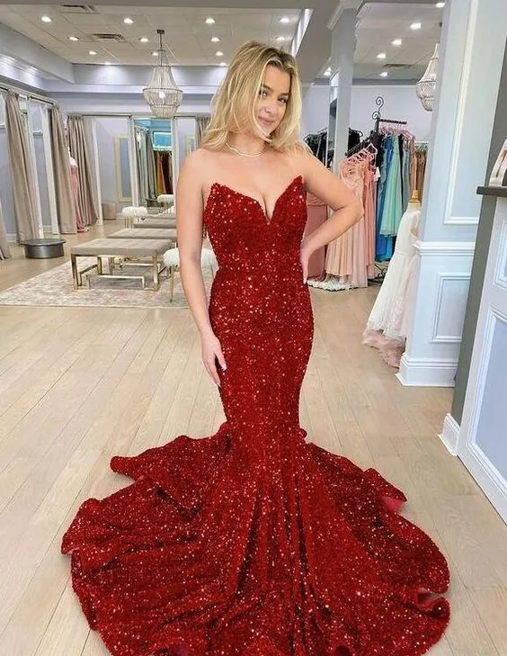 Diynav Mermaid Strapless Sequins Long Evening Dresses HZ1017