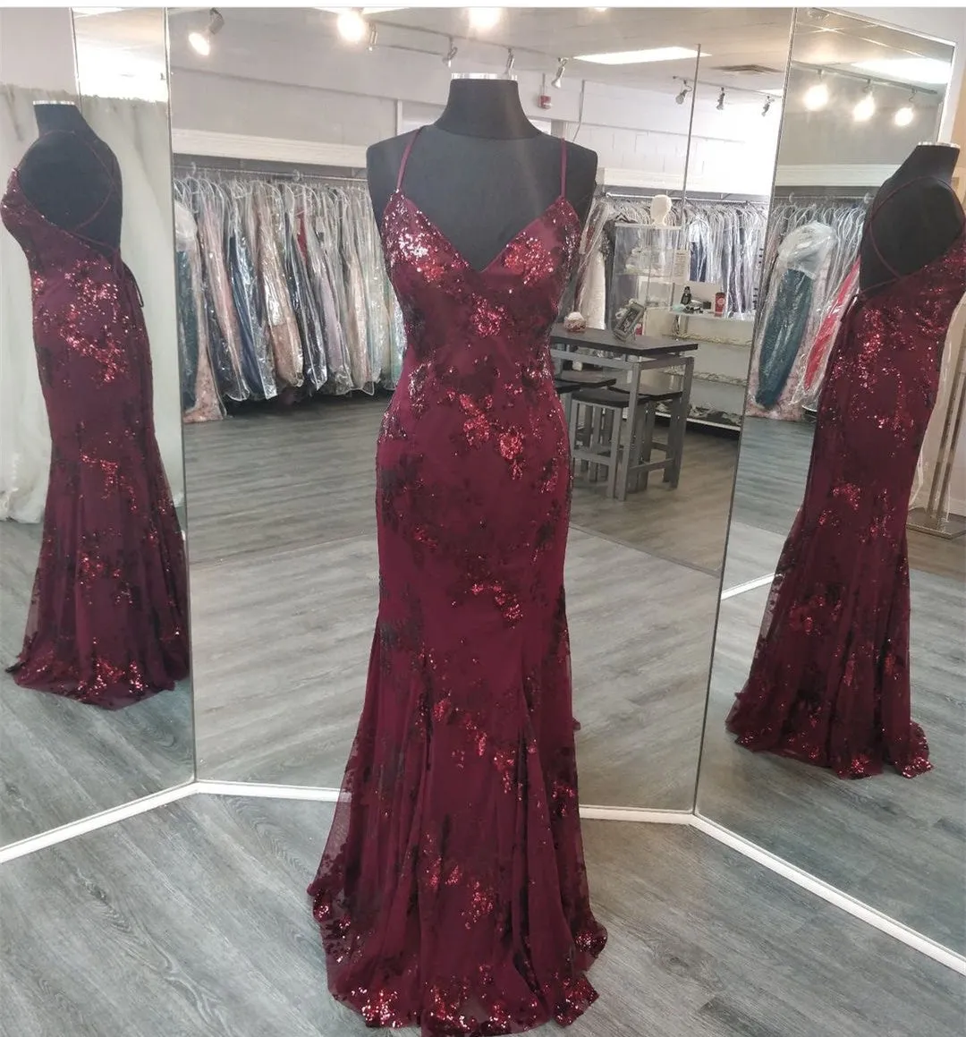 Diynav Neck Maroon Prom Dresses Evening Gowns with Sequin Appliques HZ1017