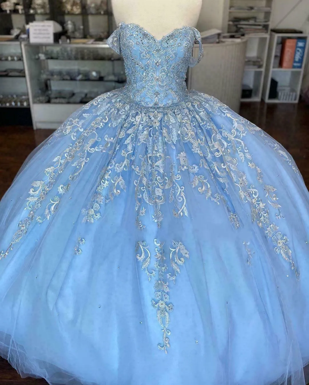 Diynav Wonderland Blue Ball Gown Quinceanera Dress Blue Tulle Lace Ball Gown HZ1017