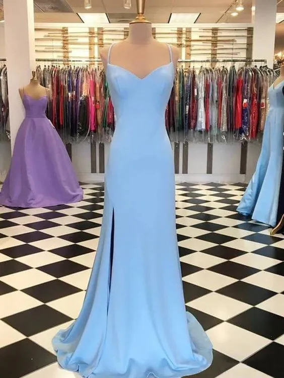 Diynav Mermaid Satin Long Prom Dress With Side Slit,Elegant Blue Evening Dress HZ1017
