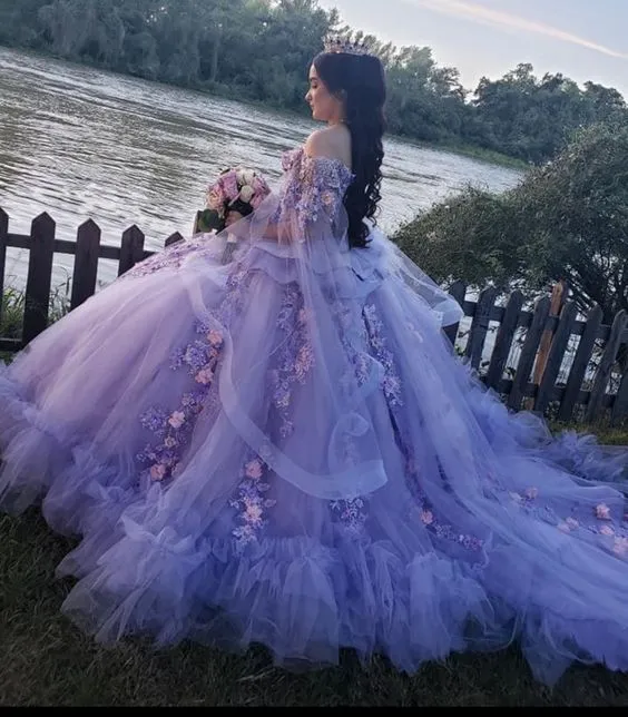 Diynav Off The Shoulder Tulle Floral Appliques Ball Gown Purple Sweet 16 Dress HZ1017