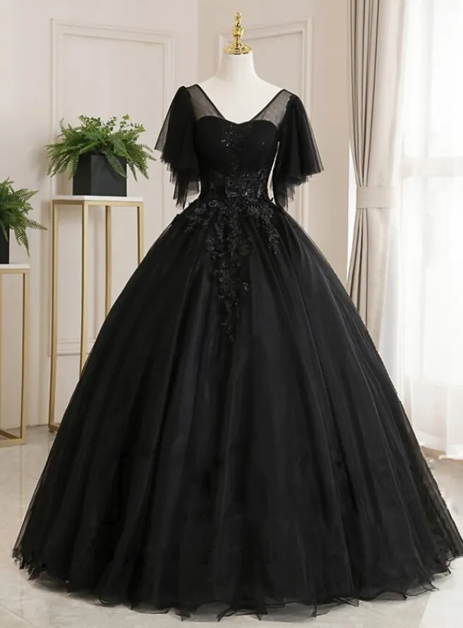 Diynav Gown Luxurious Floral Quinceanera Prom Dress Scoop Neck Short Sleeve Floor Length Tulle with Pleats Embroidery HZ1017