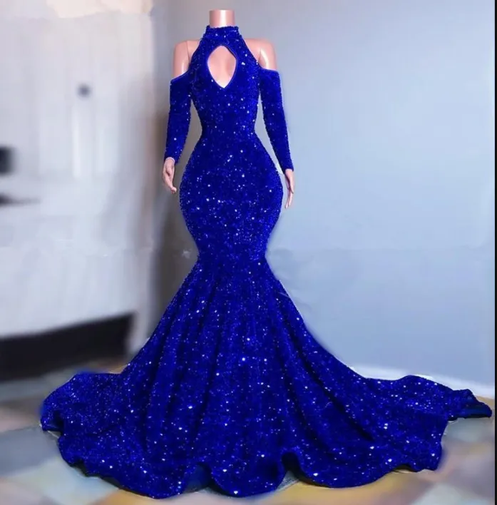 Diynav Size Royal Blue Sparkly Sequins Prom Dresses Long Sleeves Mermaid Evening Gowns Elegant Off Shoulder Women Formal Dress HZ1017