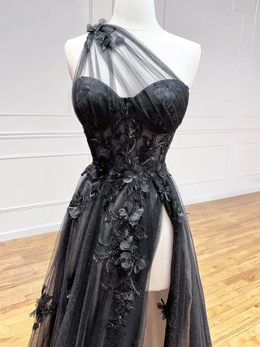 Diynav Tulle One Shoulder Long Prom Dress with Leg Slit, Black Evening Gown HZ1017