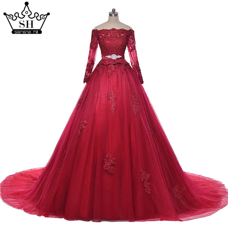 Diynav Burgundy Arab Wedding Dress Elegant Lace Hochzeitskleider Floor Length High Quality Tulle HZ1017