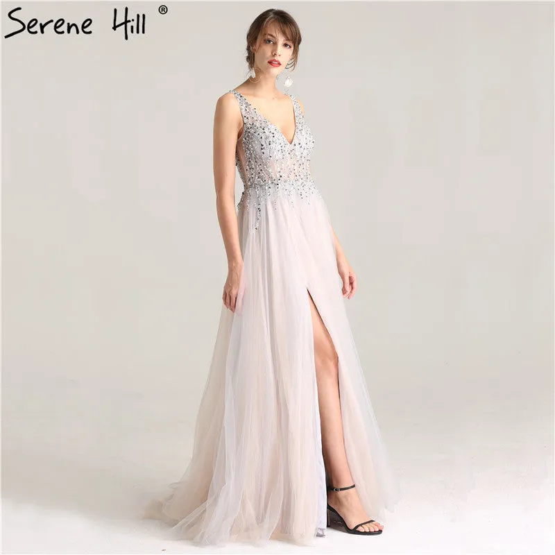 Diynav Deep-V Tulle Split Evening Dresses Beading Sequined A-Line Evening Gown HZ1017