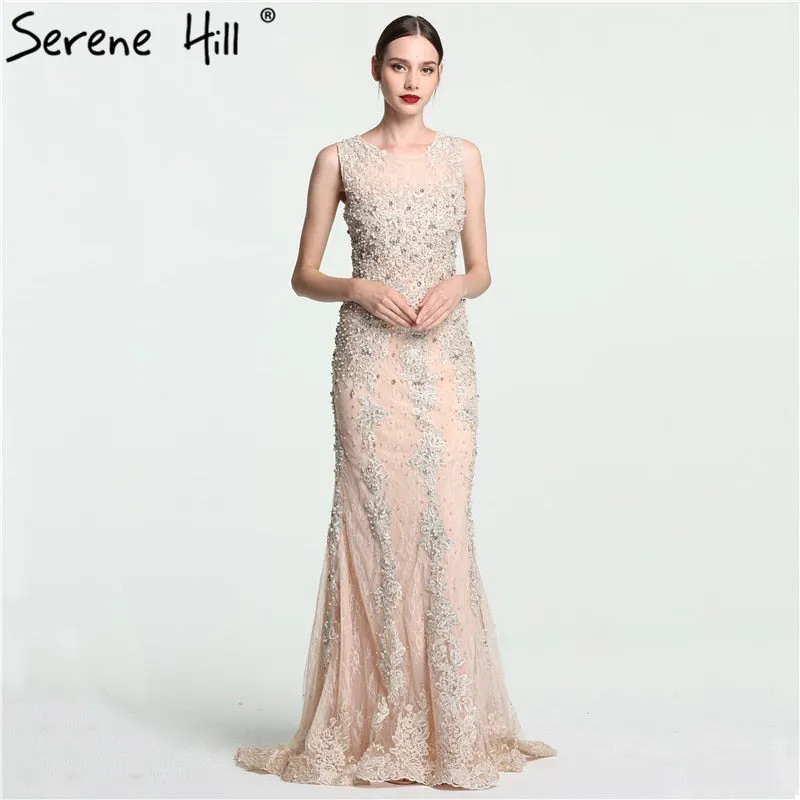 Diynav Sale No Return No Refund Sale Lace Mermaid Evening Gowns Sleeveless Crystal Pearls Tulle Evening Dress Long HZ1017