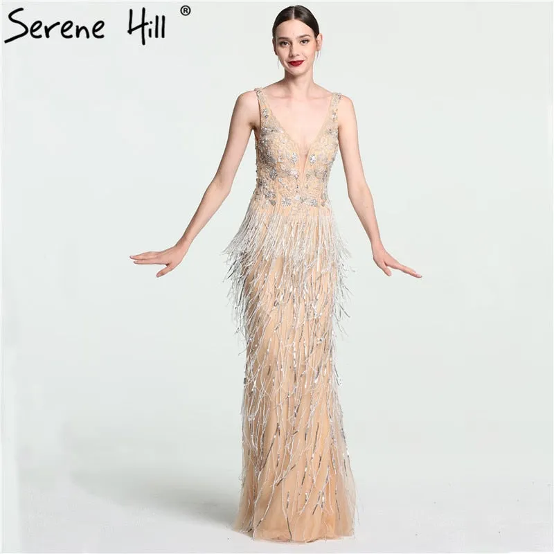 Diynav Sexy Deep-V Mermaid Gold Tulle Evening Dresses Newest Beading Sequined Luxury Evening Gown 2025 HZ1017
