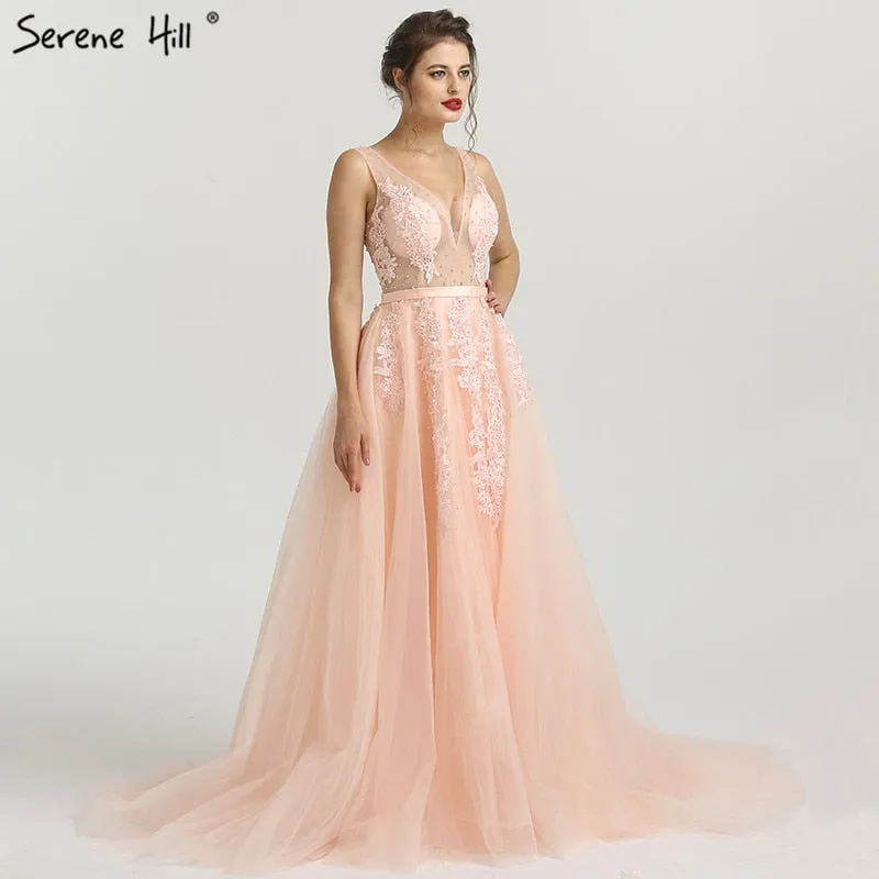 Diynav Sale no return no refundSale Pink Perspective Deep-V Backless Appliques Pearl Sleeveless Photography Evening Gowns HZ1017
