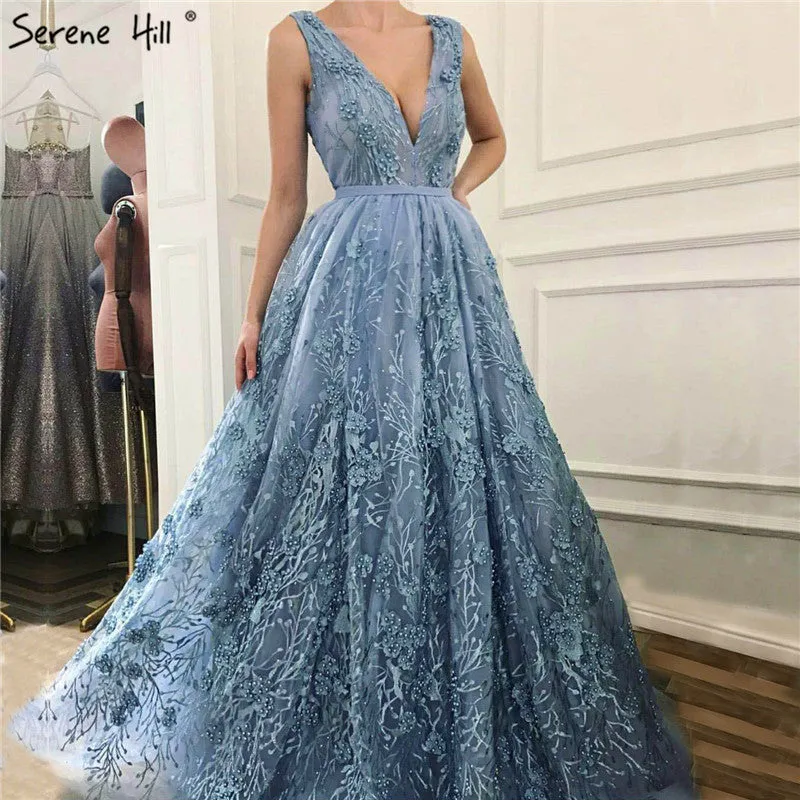 Diynav Sale no return no refund Sale Deep-V Tulle Evening Dresses Appliques Pearls Sleeveless HZ1017