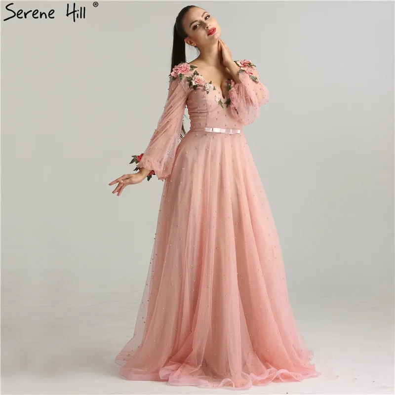 Diynav Sexy Fashion Lantern sleeve Peach Pink Glitter Pearls Flower A-line Evening Dresses Fashion Design Style HZ1017