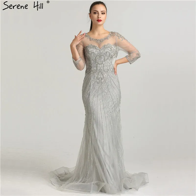 Diynav Beading Sequined Tulle Evening Dress Transparent Long Sleeves Mermaid Evening Gown HZ1017